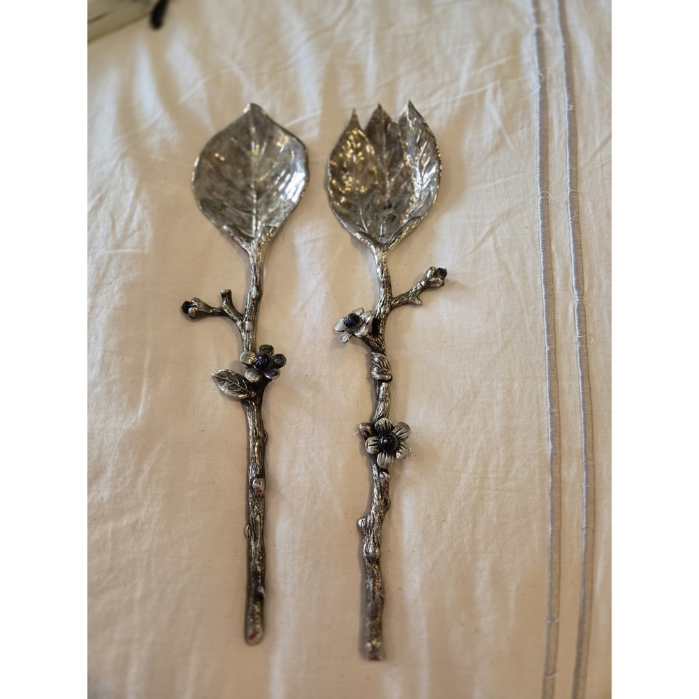 BOMBAY COMPANY Silver Leaf & Twig Salad Serving Spoons Woodland Fairy Floral Orn